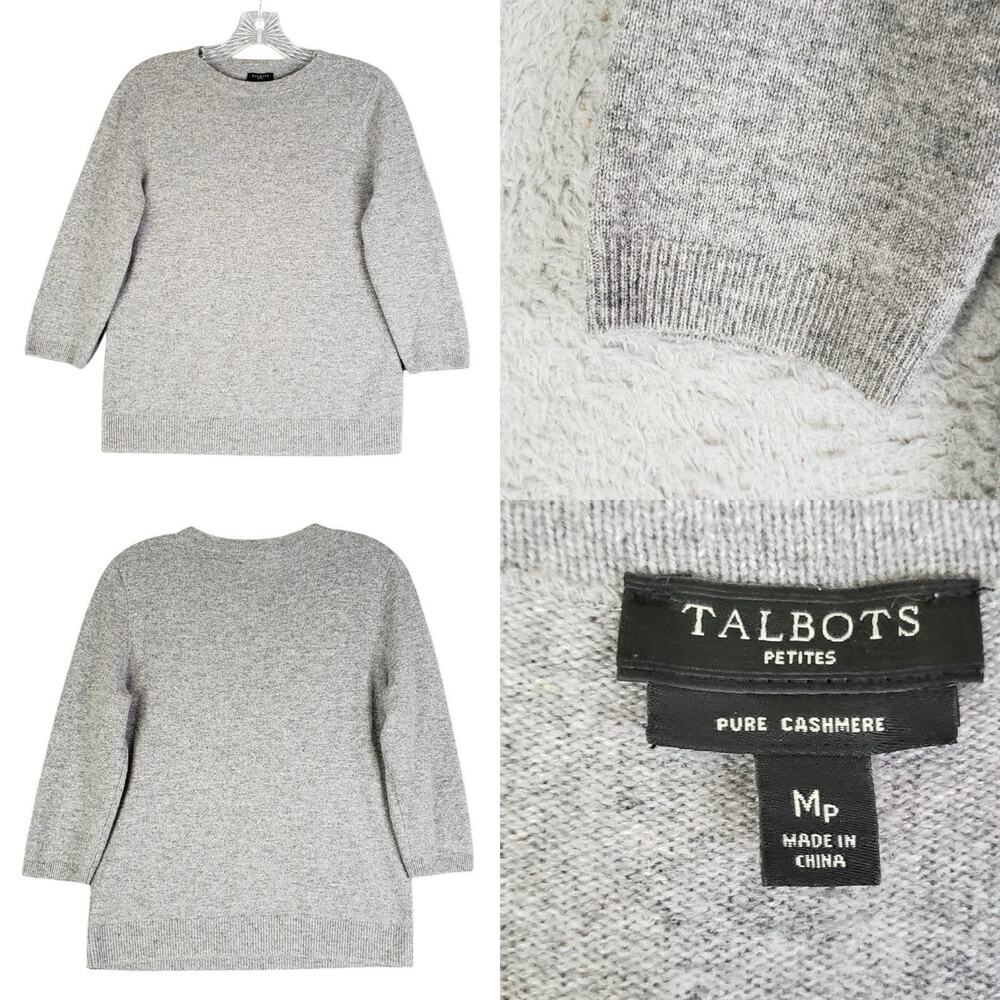 Talbots Sweater Womens Size Medium Petite Mp Cashmere Knit 3/4 Sleeve Gray